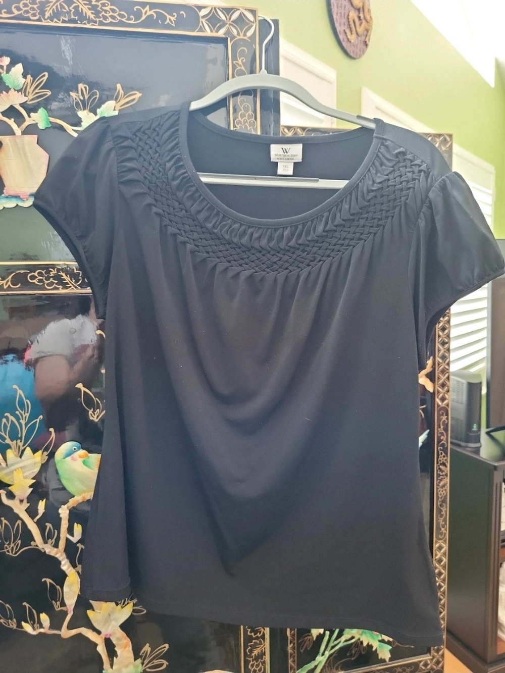 Worthington Black Short-Sleeve Scoop Neck Top with Woven Yoke